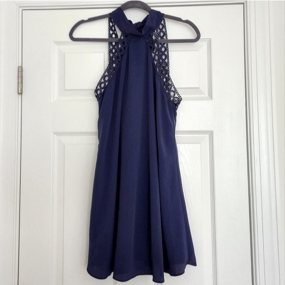 Lulus Dress Any Sway Shape Form Open Back Halter Shift Mini Dress Navy Blue XS - Picture 4 of 7